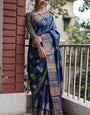 Effulgent Navy Blue Linen Silk Saree With Attractive Blouse Piece