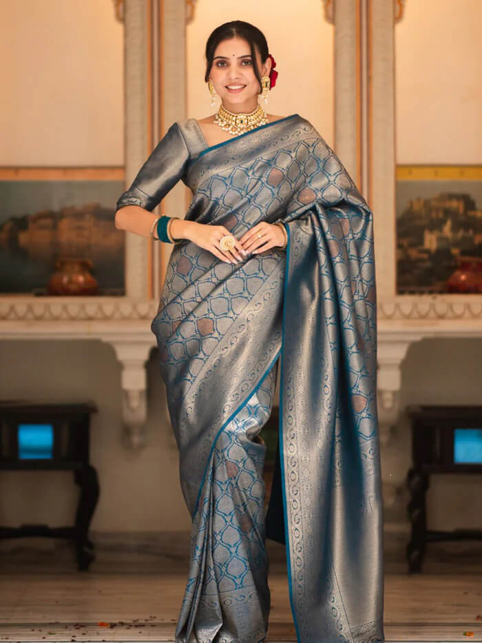 Demanding Blue Soft Silk Saree With Entrancing Blouse Piece