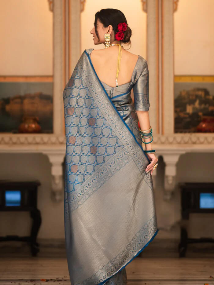 Demanding Blue Soft Silk Saree With Entrancing Blouse Piece