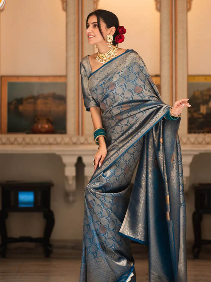 Demanding Blue Soft Silk Saree With Entrancing Blouse Piece