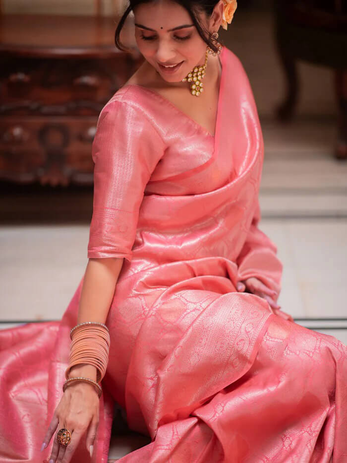 Eye-catching Pink Soft Silk Saree With Most Stunning Blouse Piece