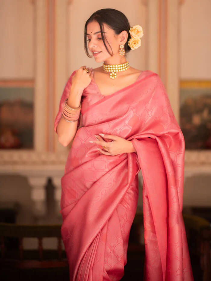 Eye-catching Pink Soft Silk Saree With Most Stunning Blouse Piece