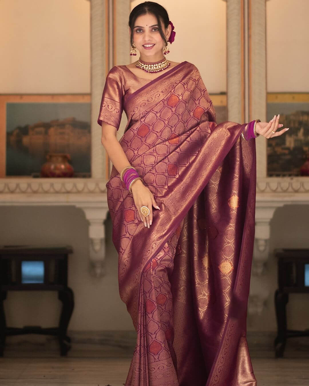 Glowing Purple Soft Silk Saree With Prettiest Blouse Piece