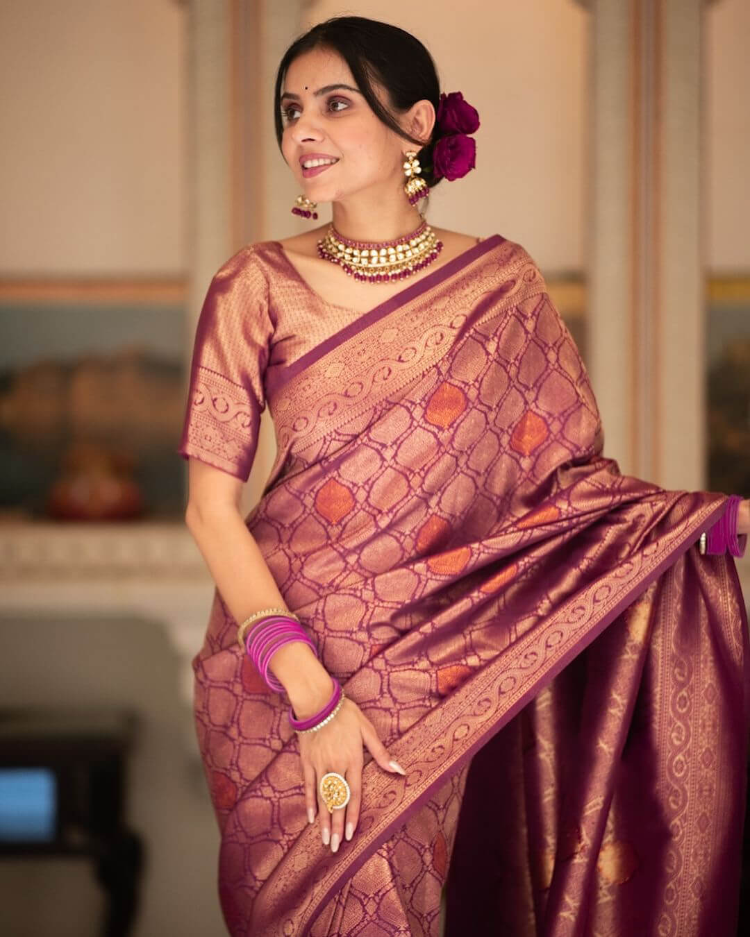 Glowing Purple Soft Silk Saree With Prettiest Blouse Piece