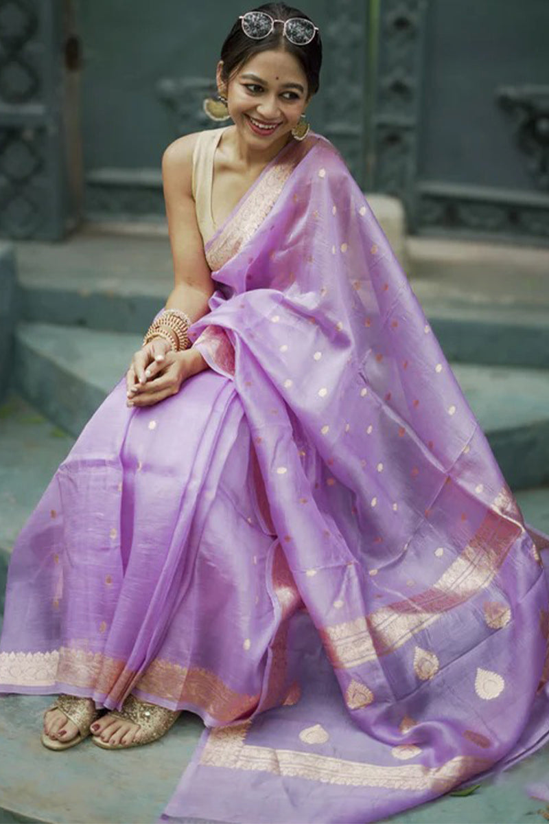 Invaluable Lavender Linen Silk Saree With Flameboyant Blouse Piece