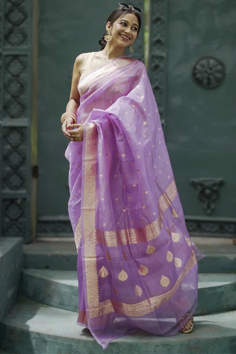 Invaluable Lavender Linen Silk Saree With Flameboyant Blouse Piece