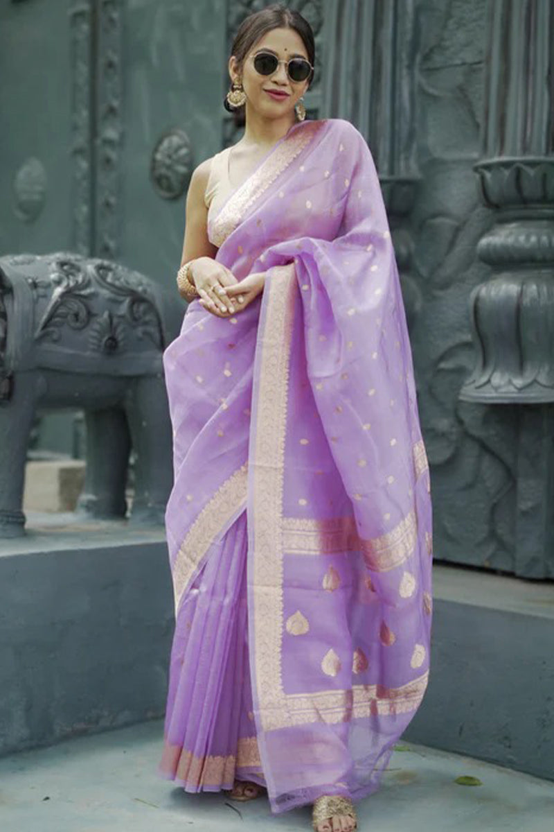 Invaluable Lavender Linen Silk Saree With Flameboyant Blouse Piece