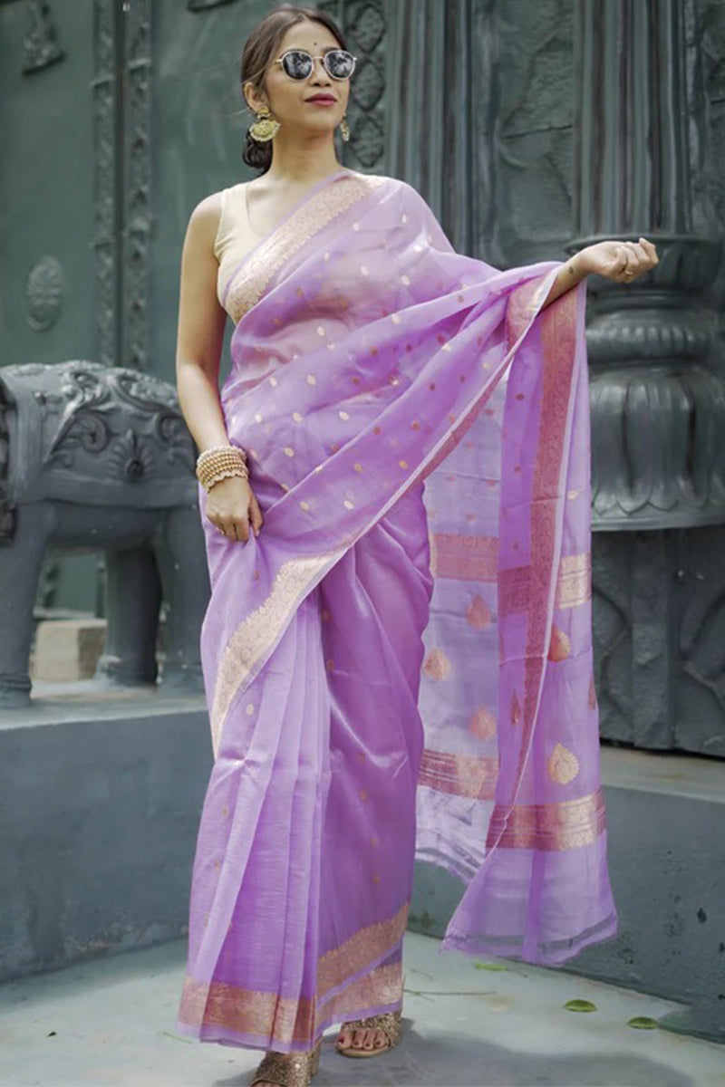 Invaluable Lavender Linen Silk Saree With Flameboyant Blouse Piece