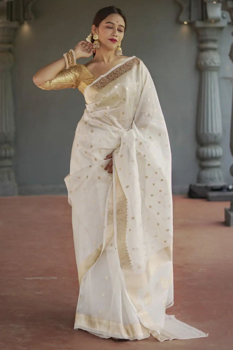 Alluring Off White Linen Silk Saree With Precious Blouse Piece