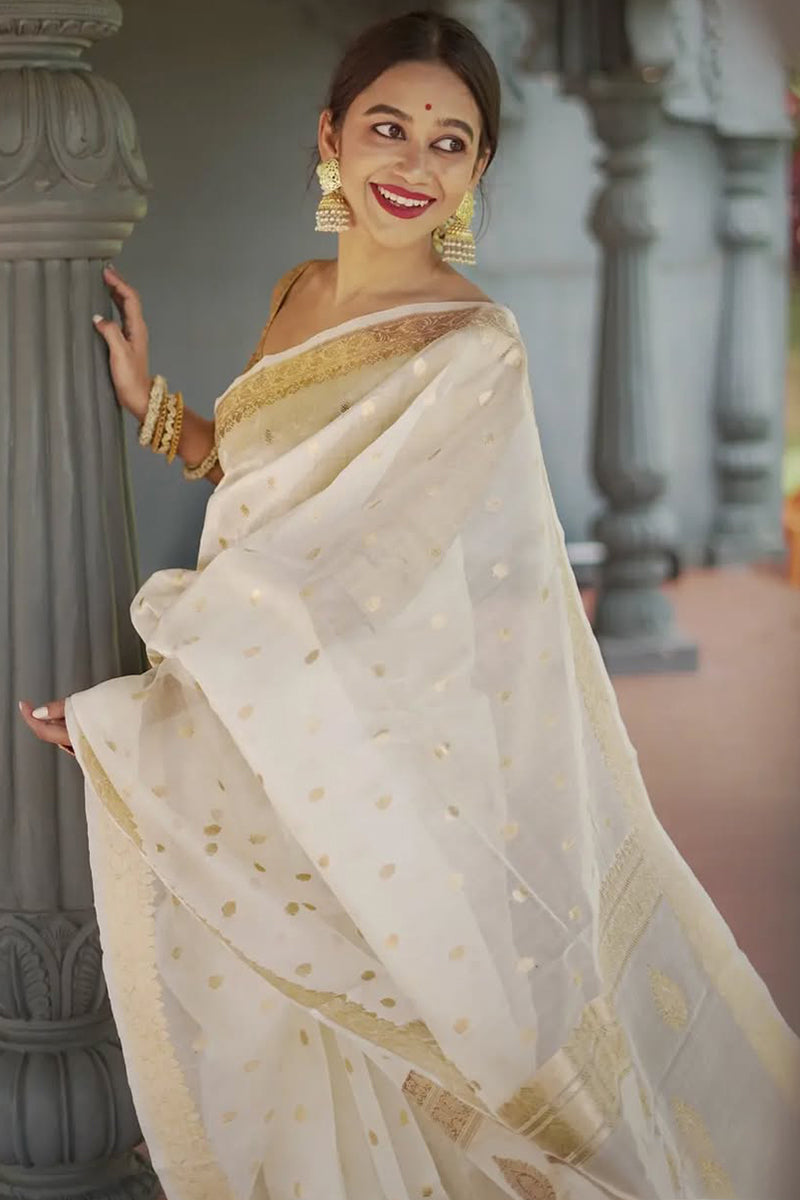 Alluring Off White Linen Silk Saree With Precious Blouse Piece