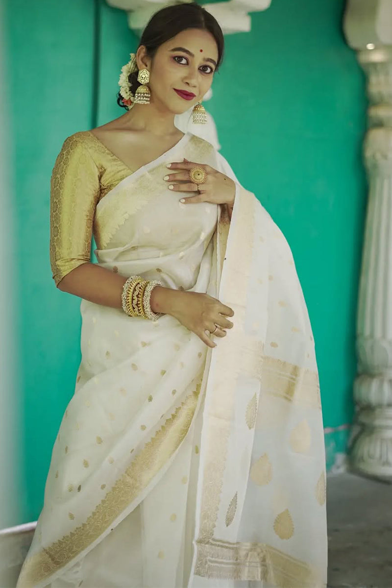 Alluring Off White Linen Silk Saree With Precious Blouse Piece