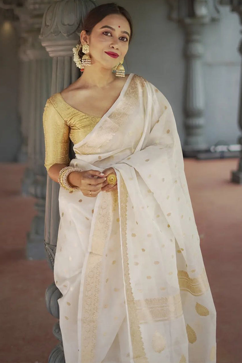 Alluring Off White Linen Silk Saree With Precious Blouse Piece