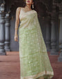 Outstanding Pista Linen Silk Saree With Delightful Blouse Piece