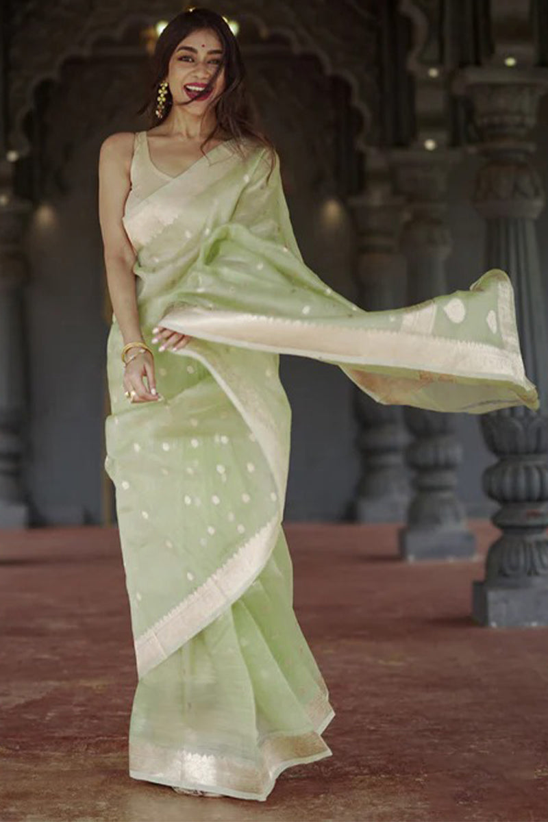 Outstanding Pista Linen Silk Saree With Delightful Blouse Piece