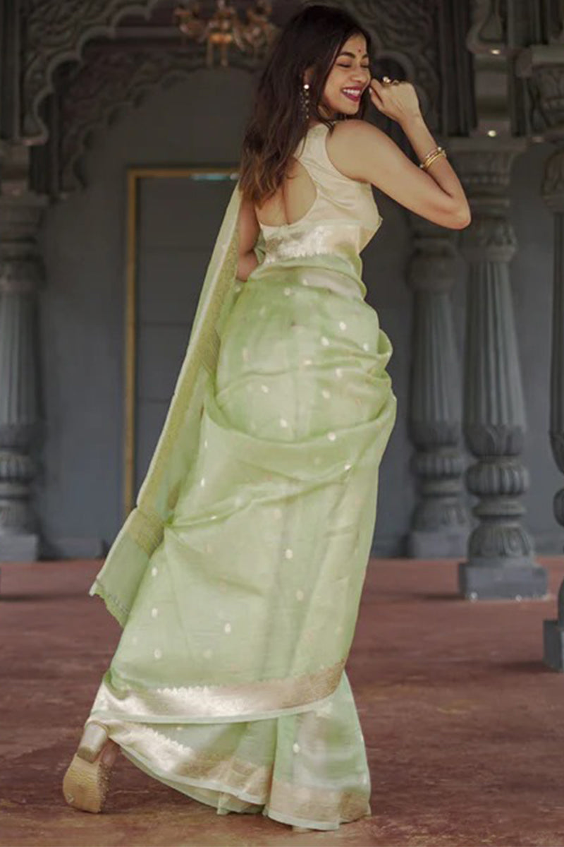 Outstanding Pista Linen Silk Saree With Delightful Blouse Piece