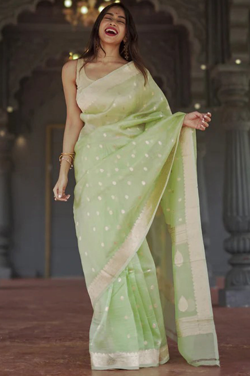 Outstanding Pista Linen Silk Saree With Delightful Blouse Piece