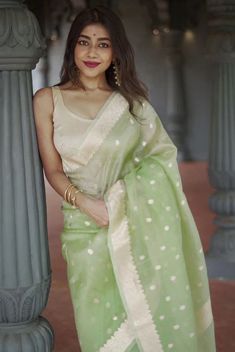 Outstanding Pista Linen Silk Saree With Delightful Blouse Piece