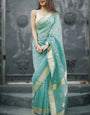 Phenomenal Turquoise Linen Silk Saree With Pleasant Blouse Piece