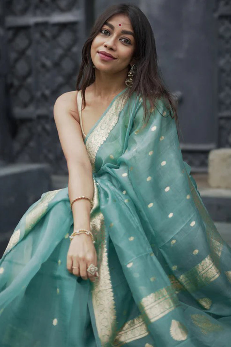 Phenomenal Turquoise Linen Silk Saree With Pleasant Blouse Piece