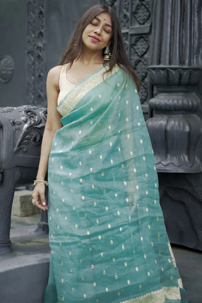 Phenomenal Turquoise Linen Silk Saree With Pleasant Blouse Piece