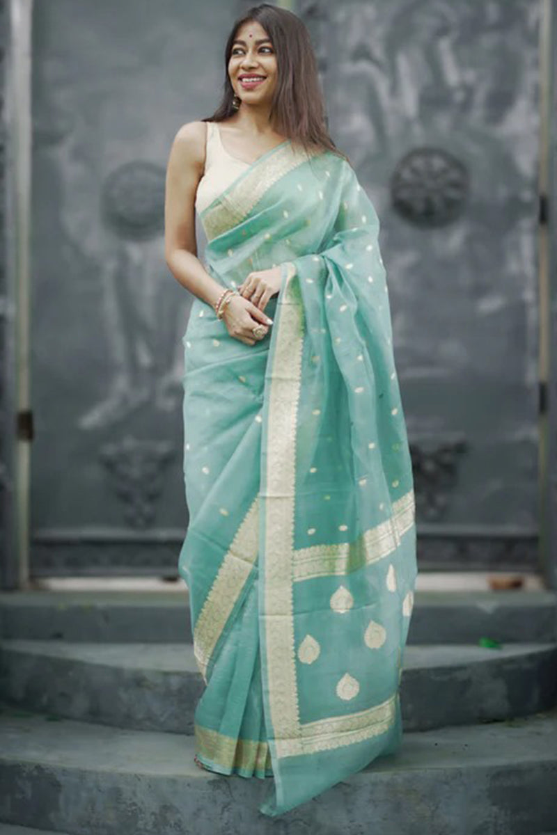 Phenomenal Turquoise Linen Silk Saree With Pleasant Blouse Piece