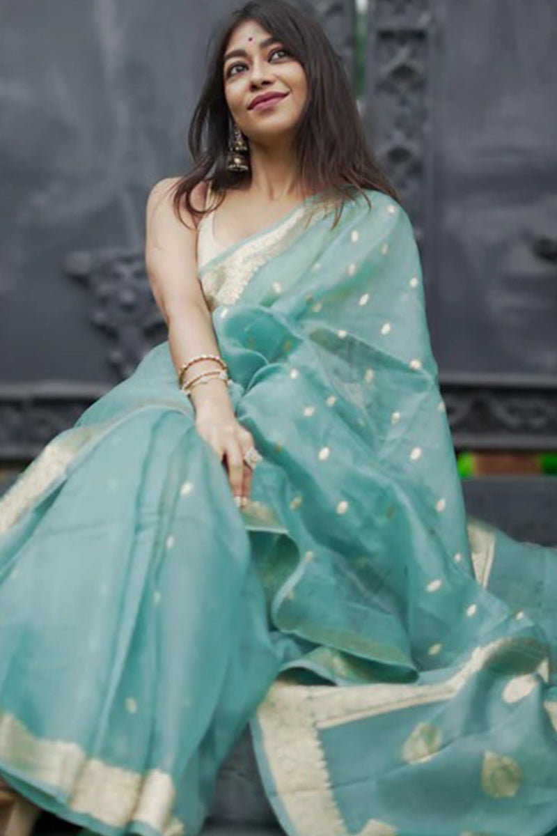 Phenomenal Turquoise Linen Silk Saree With Pleasant Blouse Piece