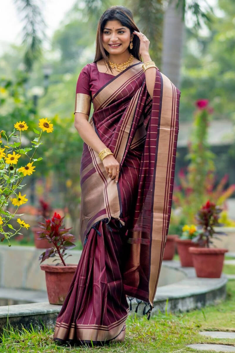 Easy on the eyes Wine Soft Silk Saree With Proficient Blouse Piece