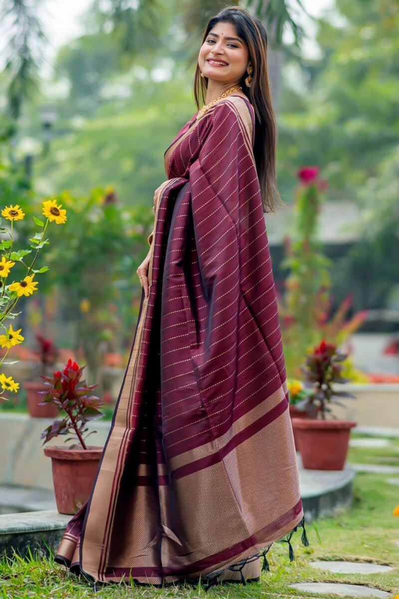 Easy on the eyes Wine Soft Silk Saree With Proficient Blouse Piece