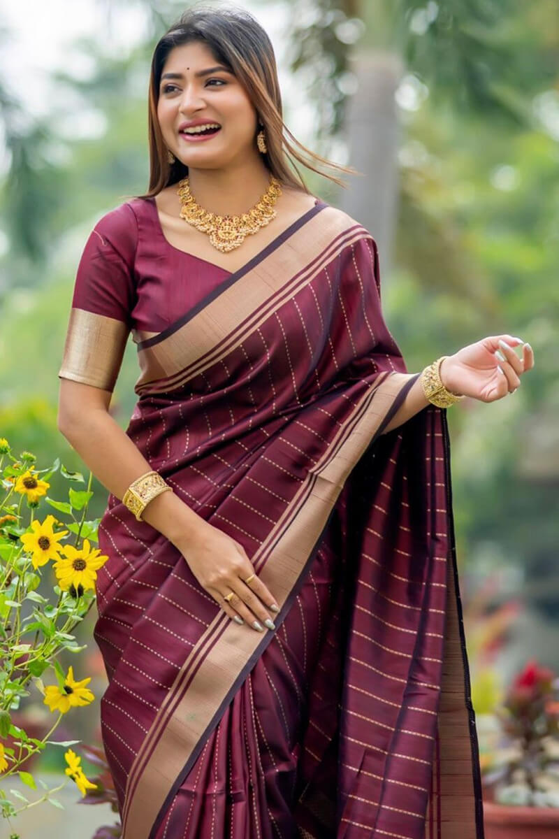 Easy on the eyes Wine Soft Silk Saree With Proficient Blouse Piece