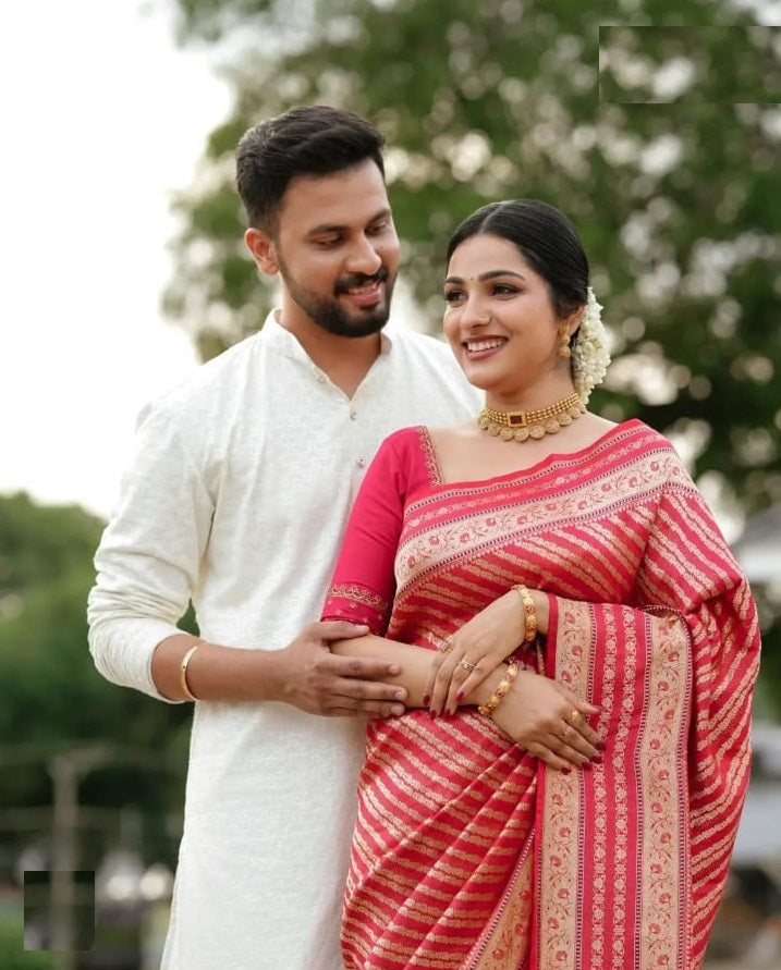 Panoply Red Soft Silk Saree With Dissemble Blouse Piece