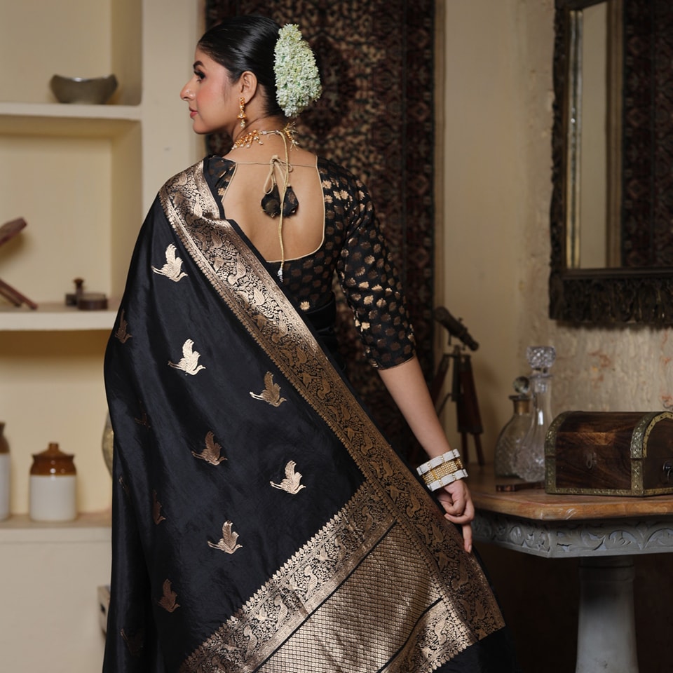 Woebegone Black Soft Silk Saree With Felicitous Blouse Piece