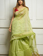 Amiable Pista Cotton Silk Saree With Glittering Blouse Piece