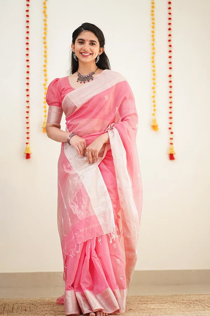 Symmetrical Pink Cotton Silk Saree With Aplomb Blouse Piece