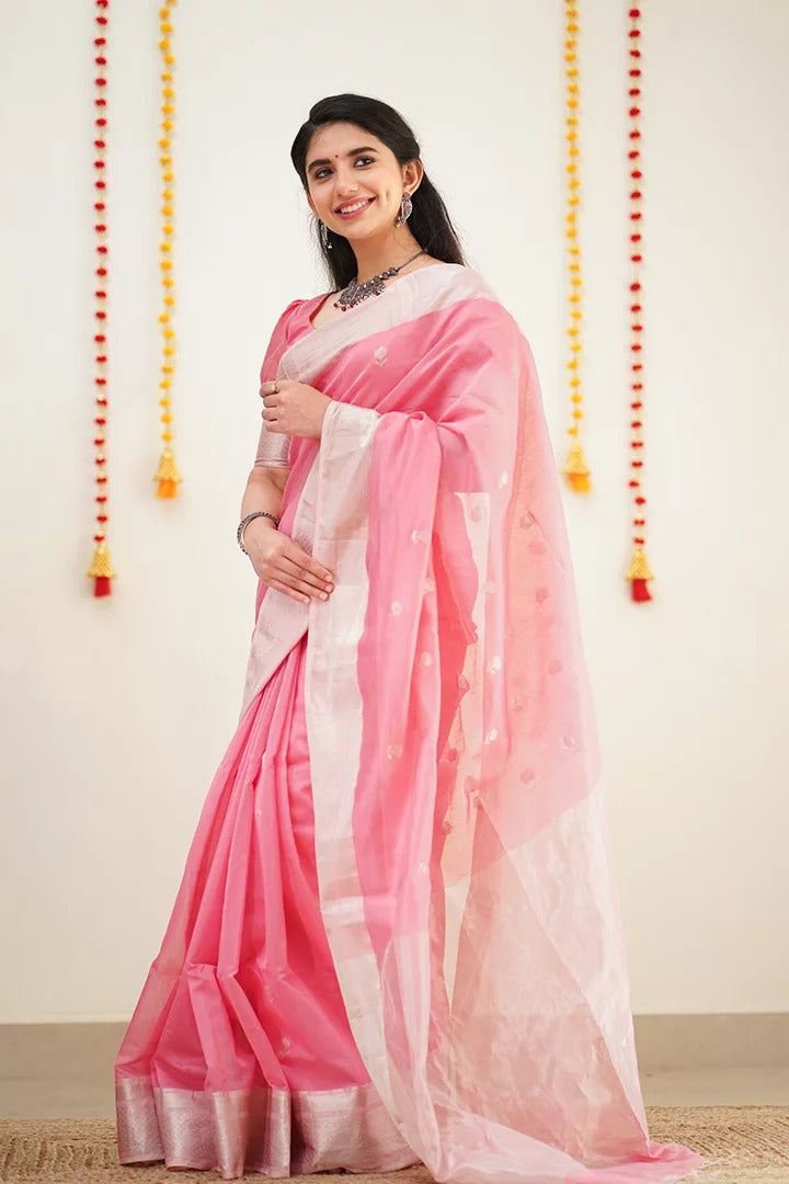 Symmetrical Pink Cotton Silk Saree With Aplomb Blouse Piece