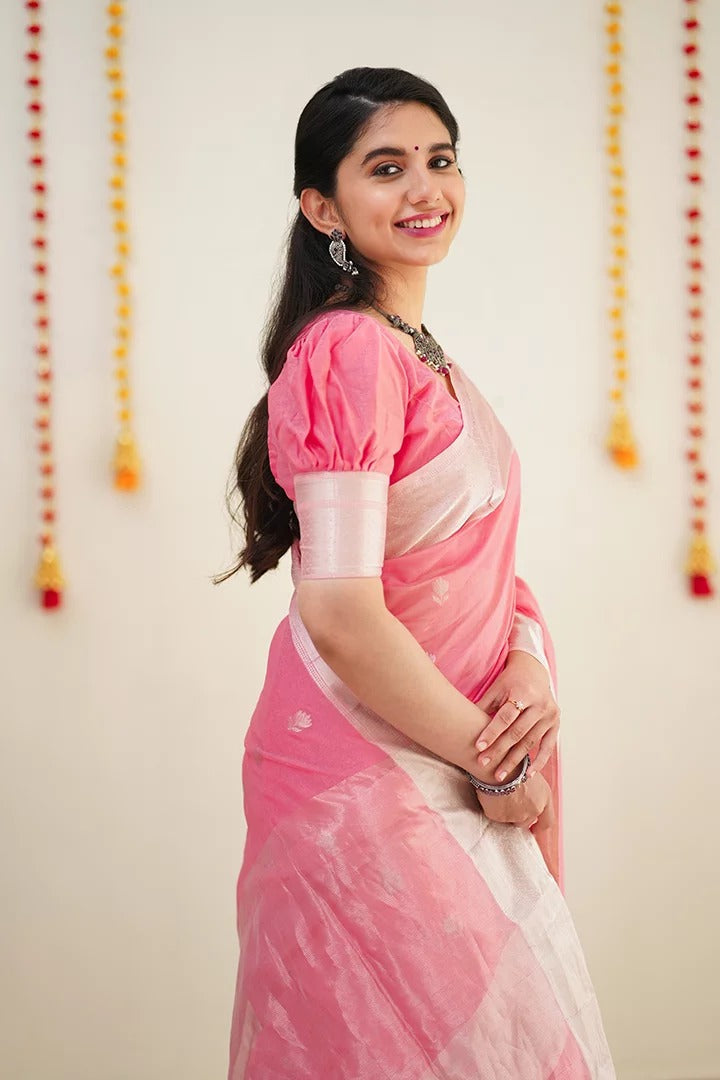 Symmetrical Pink Cotton Silk Saree With Aplomb Blouse Piece