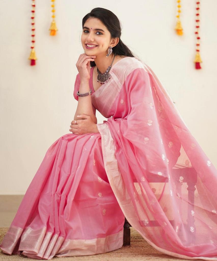 Symmetrical Pink Cotton Silk Saree With Aplomb Blouse Piece