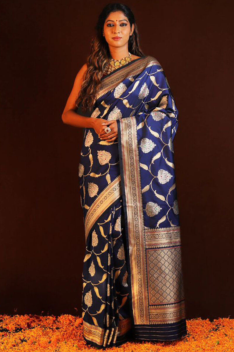 Ailurophile Blue Soft Silk Saree With Propinquity Blouse Piece