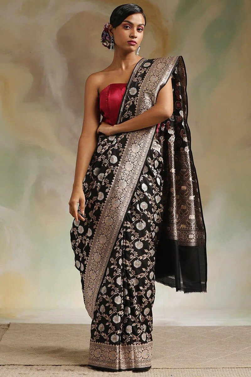 Assemblage Black Soft Silk Saree With Petrichor Blouse Piece