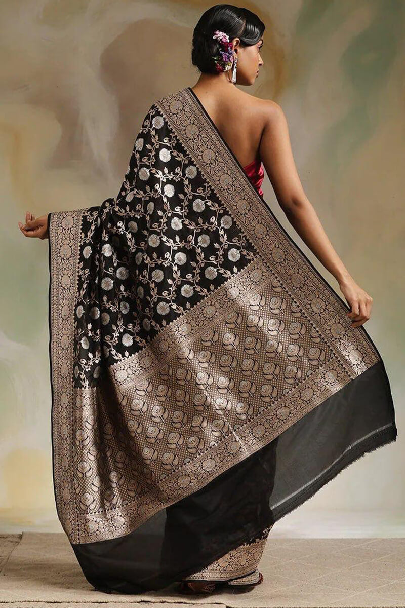 Assemblage Black Soft Silk Saree With Petrichor Blouse Piece