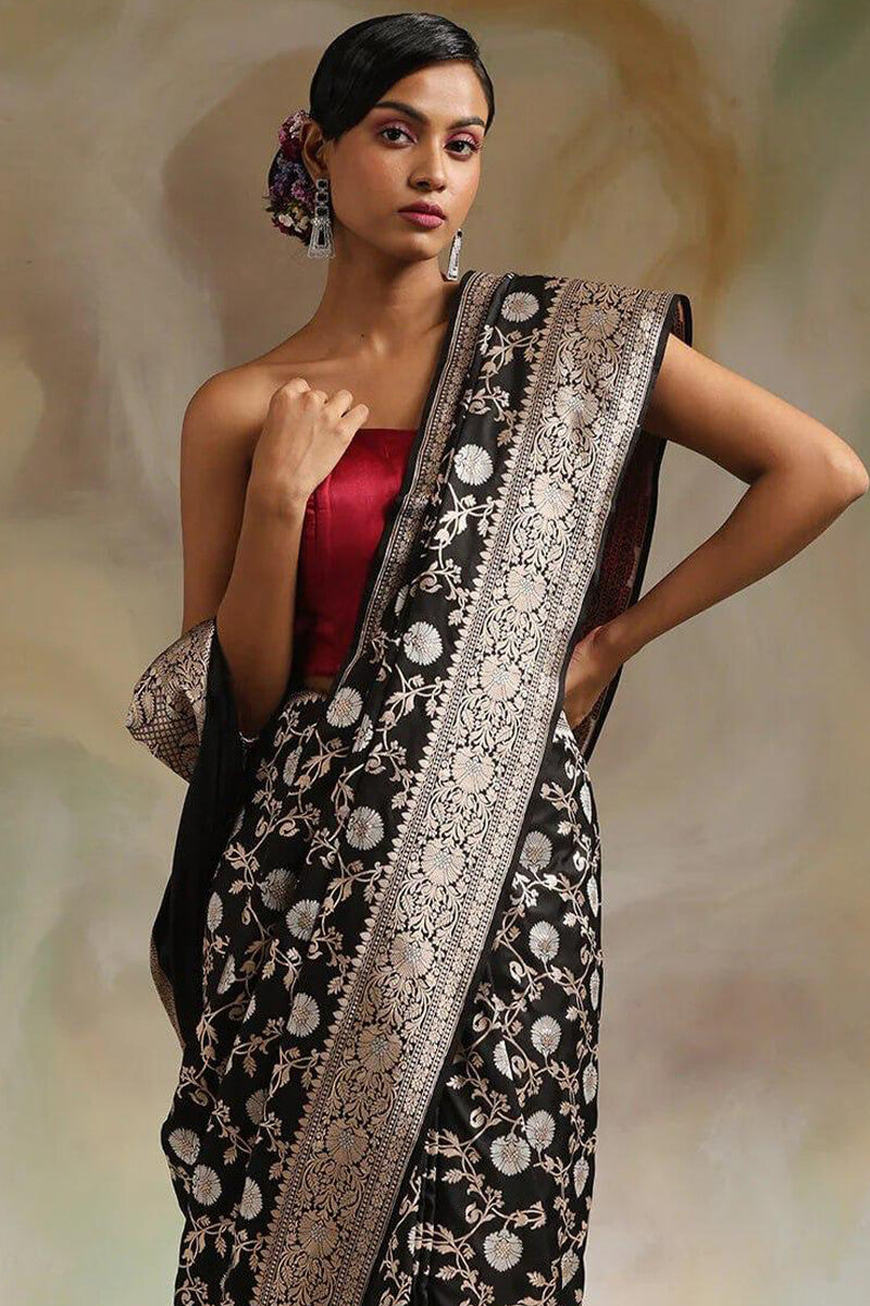 Assemblage Black Soft Silk Saree With Petrichor Blouse Piece