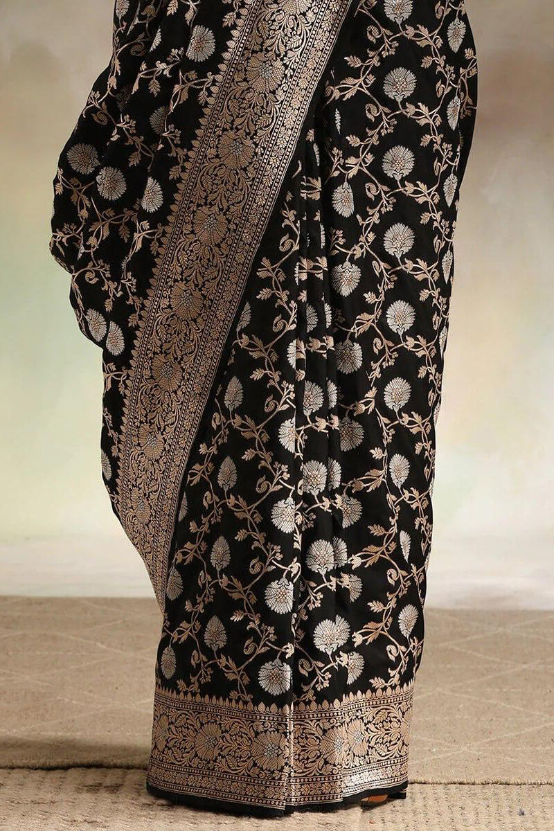 Assemblage Black Soft Silk Saree With Petrichor Blouse Piece