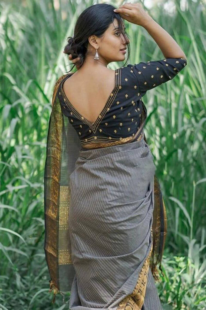 A glam Grey Soft Silk Saree With Epiphany Blouse Piece