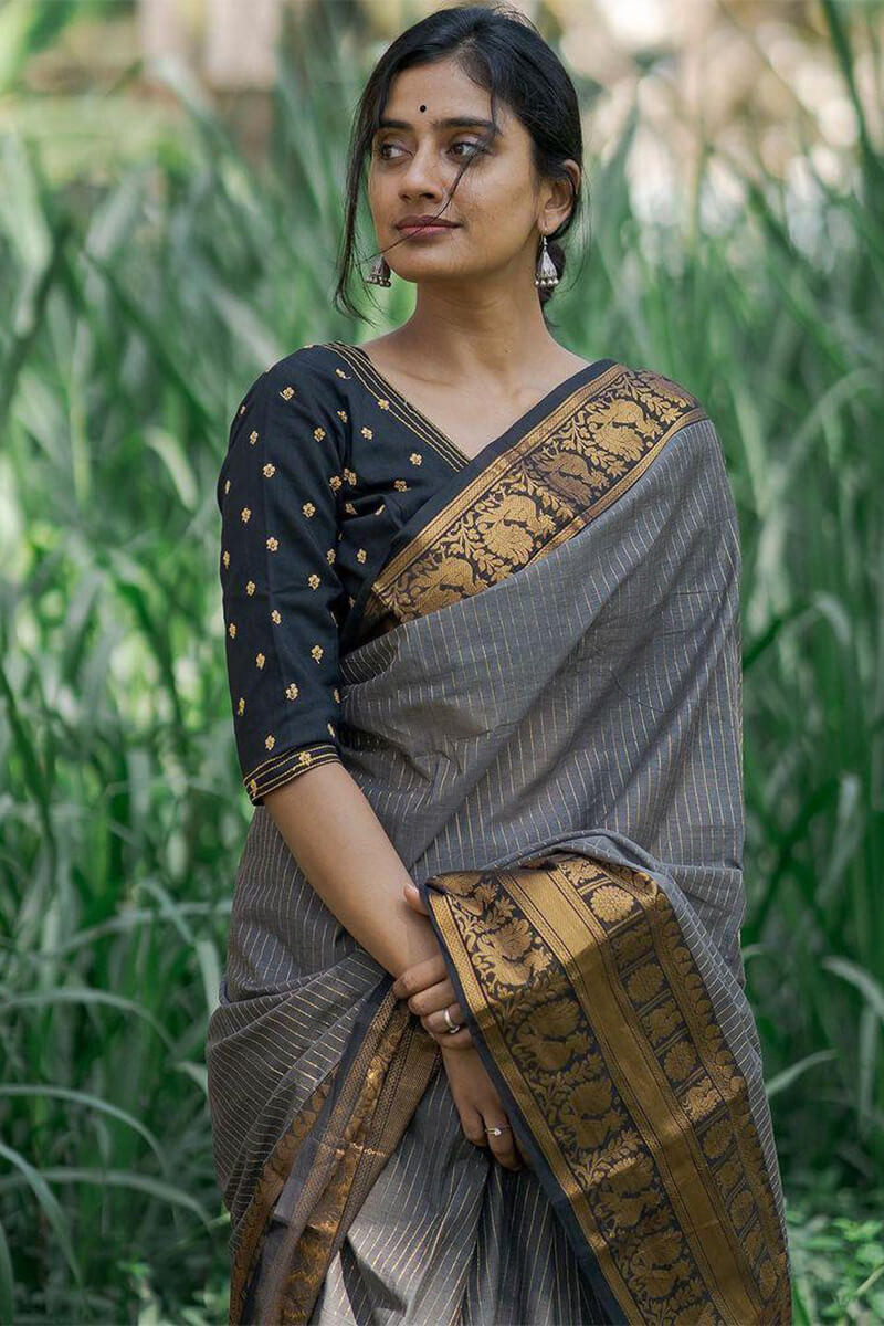 A glam Grey Soft Silk Saree With Epiphany Blouse Piece