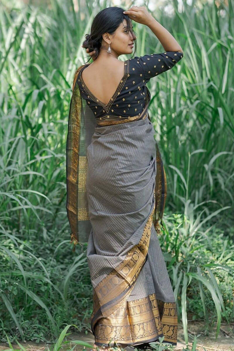 A glam Grey Soft Silk Saree With Epiphany Blouse Piece