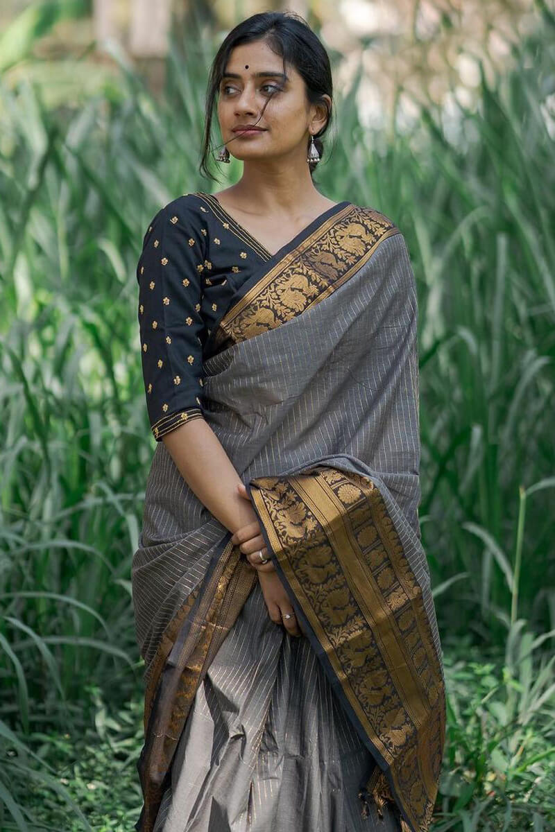 A glam Grey Soft Silk Saree With Epiphany Blouse Piece