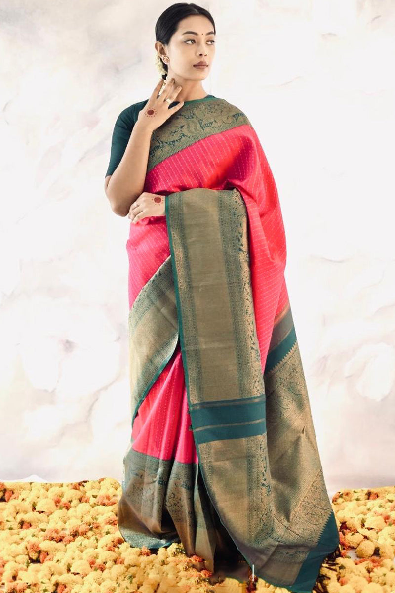 An insanely Pink Soft Silk Saree With Elision Blouse Piece