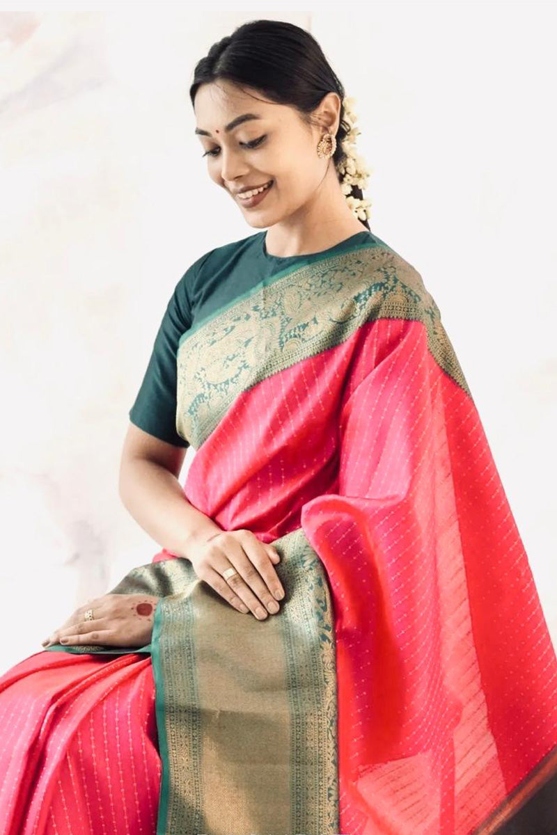 An insanely Pink Soft Silk Saree With Elision Blouse Piece