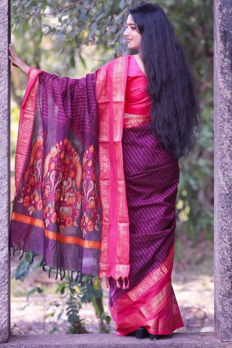 Majesty Purple Cotton Silk Saree With Assemblage Blouse Piece