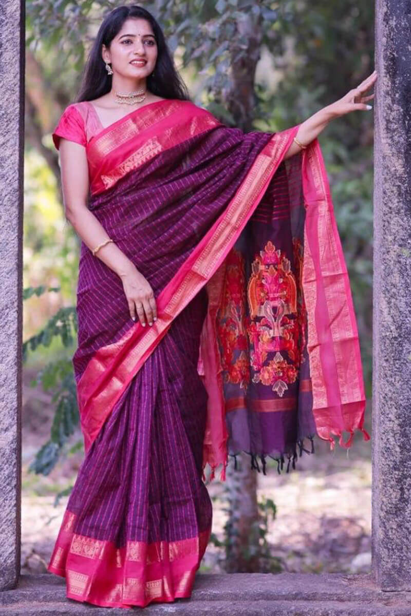 Majesty Purple Cotton Silk Saree With Assemblage Blouse Piece