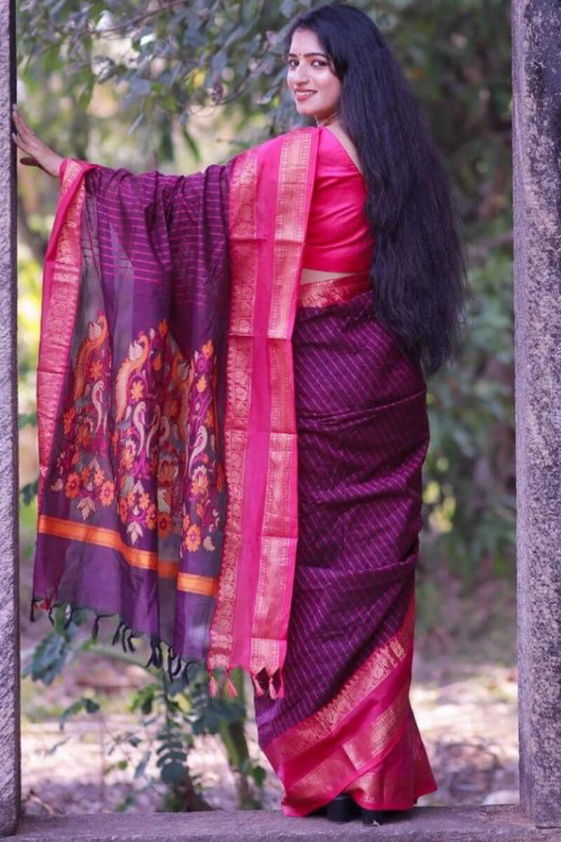 Majesty Purple Cotton Silk Saree With Assemblage Blouse Piece